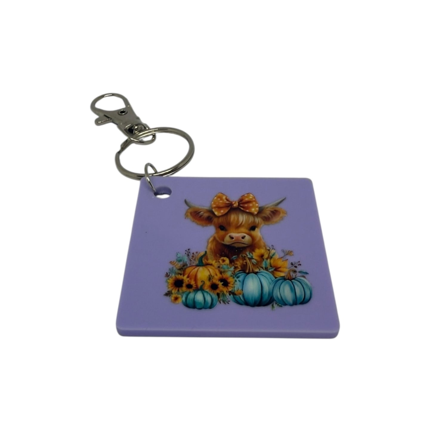 Highland cow with Blue Pumpkins Keyring