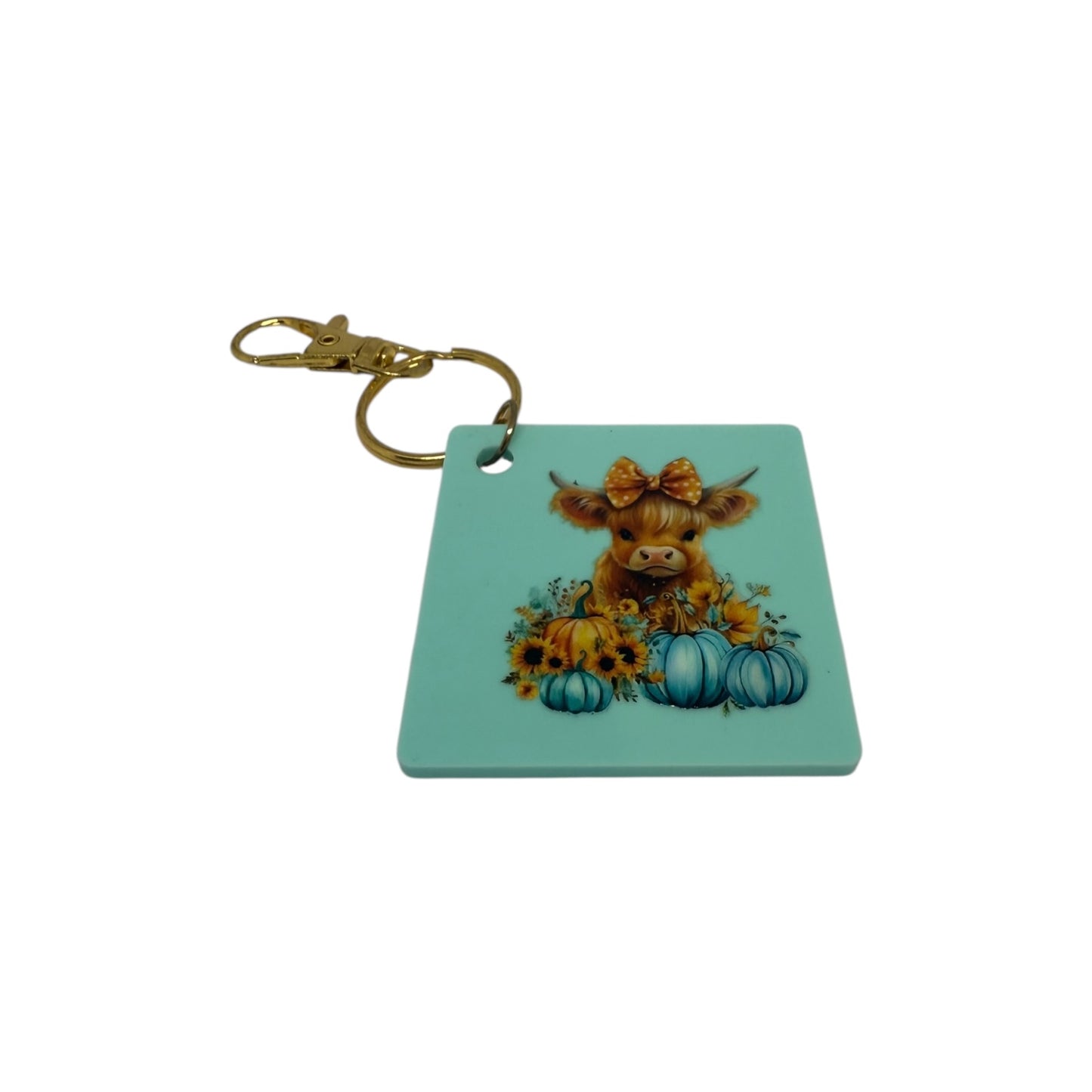 Highland cow with Blue Pumpkins Keyring