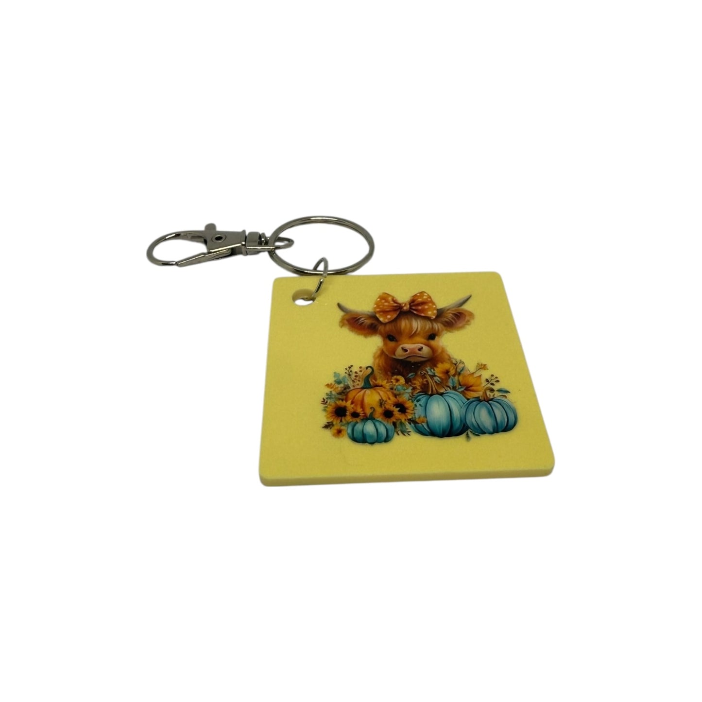 Highland cow with Blue Pumpkins Keyring